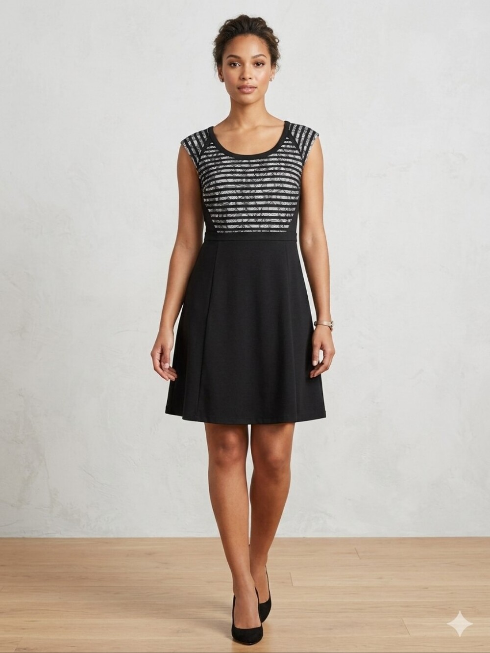 Apt 9 Classic Black Striped Bodice Fit-and-Flare Dress, Size 6